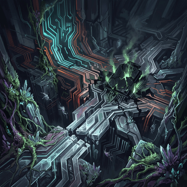 Ancient technological ruins with glowing circuit lines and green smoke